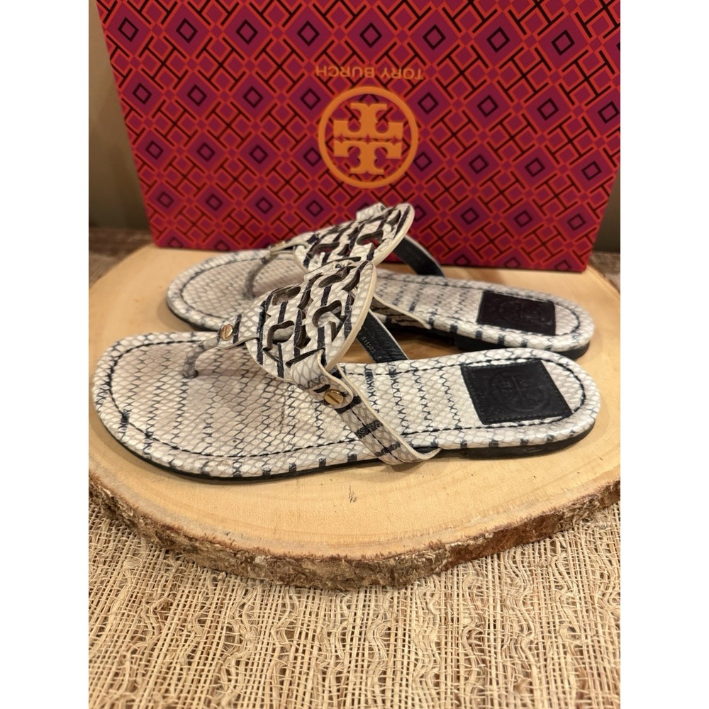 Tory Burch Miller Leather Thong Sandal Warm Roccia Black‎ & White US 7 258$